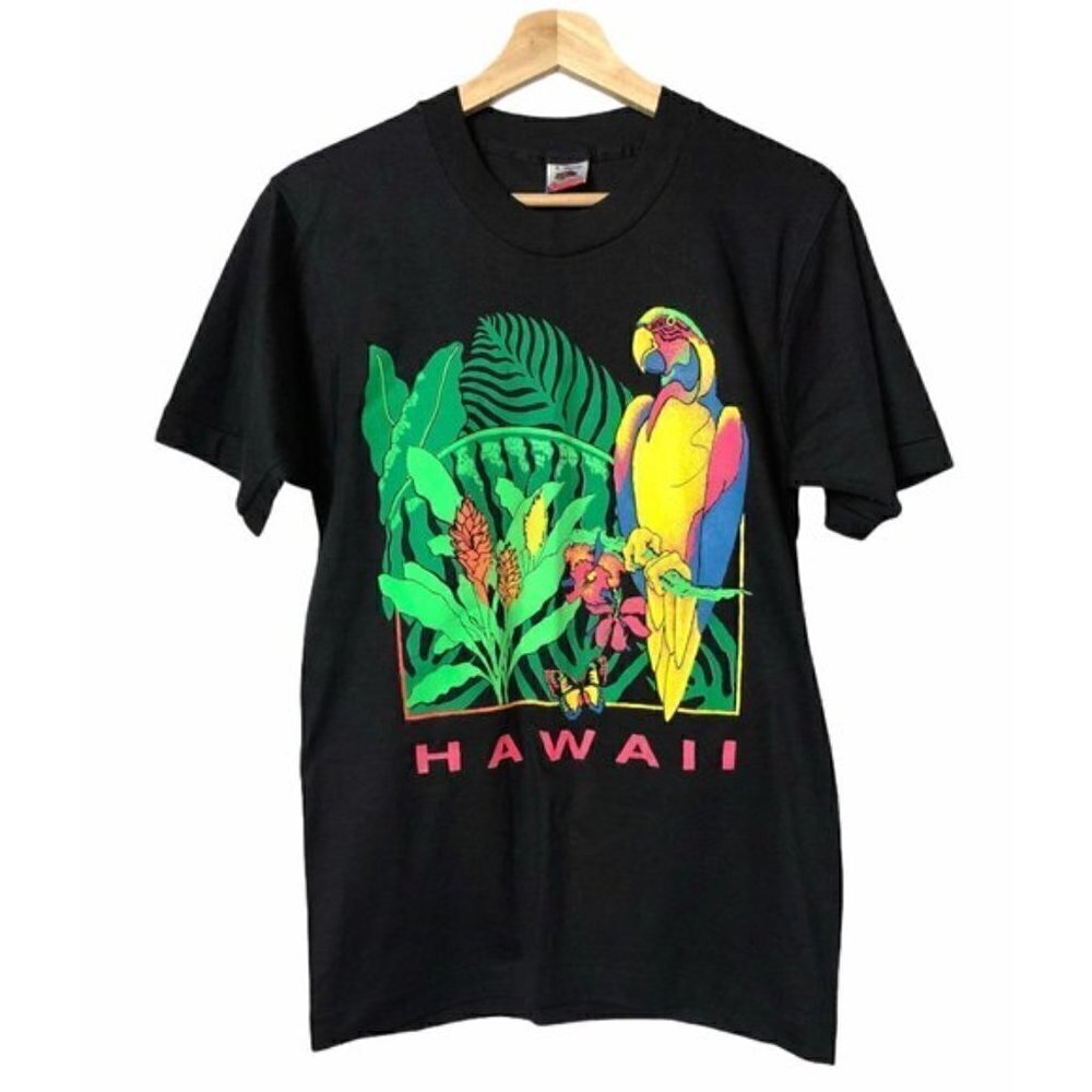 Vintage Hawaii Black Neon Parrot Destination Short Sleeve T-Shirt S‎